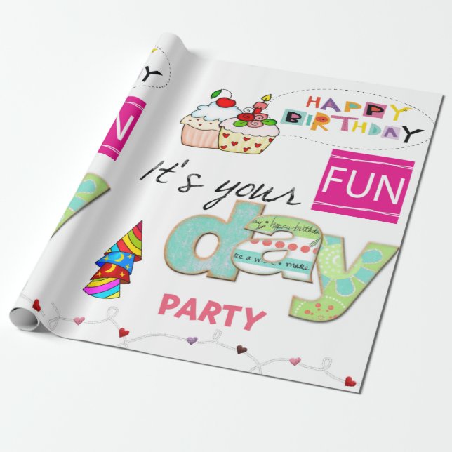 Happy Birthday Wrapping Paper FUN Cupcake  (Unrolled)