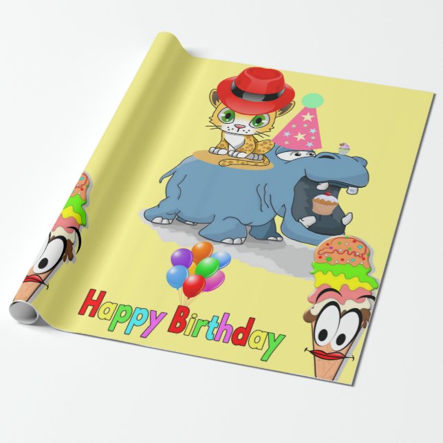 Happy Birthday Wrapping Paper Hippopotamus Kitten (Unrolled)