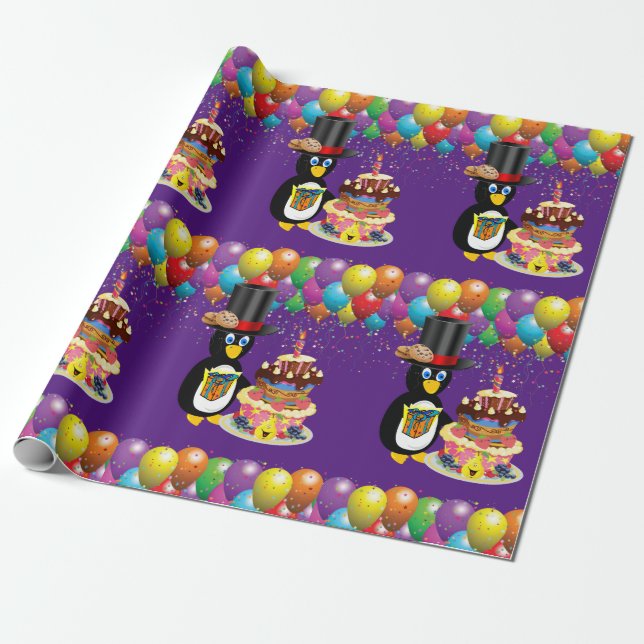 Happy Birthday Wrapping Paper Penguin (Unrolled)
