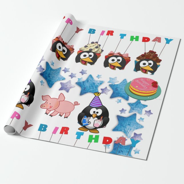 Happy Birthday Wrapping Paper Penguin Pigs (Unrolled)