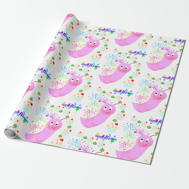 Happy Birthday Wrapping Paper Pink Worm Cupcakes (Unrolled)