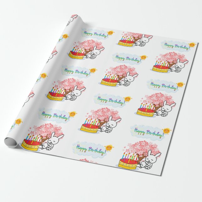 Happy Birthday Wrapping Paper Rabbit Cake (Unrolled)