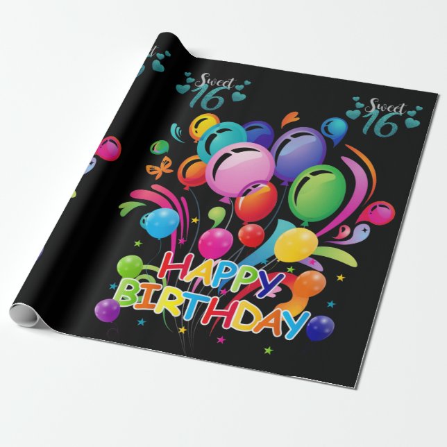 Happy Birthday Wrapping Paper Sweet Sixteen (Unrolled)