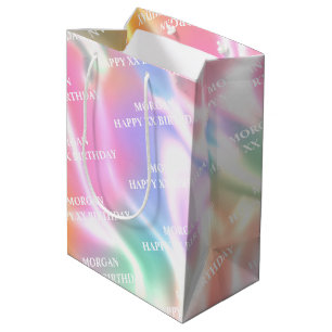 Happy Birthday, Year & Name White Text, Iridescent Medium Gift Bag