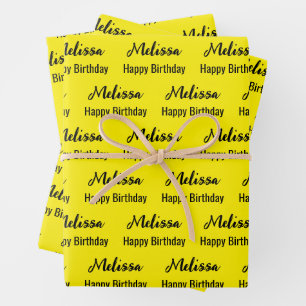 Happy Birthday Yellow and Black Name Pattern Wrapping Paper Sheet