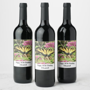Happy Birthday Yellow Butterfly Pink Flowers  Wine Label
