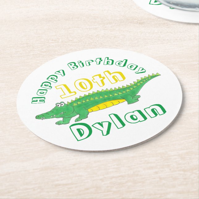 Happy Birthday Yellow Green Alligator Crocodile Round Paper Coaster (Angled)