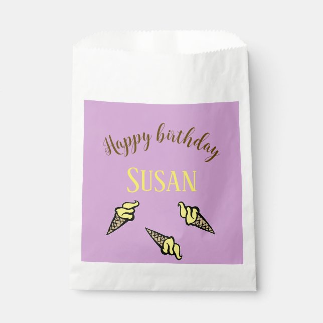 Happy birthday yellow ice cream on purple favour bag (Front)