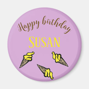 Happy birthday yellow ice cream on purple magnet