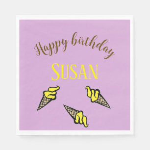 Happy birthday yellow ice cream on purple napkin