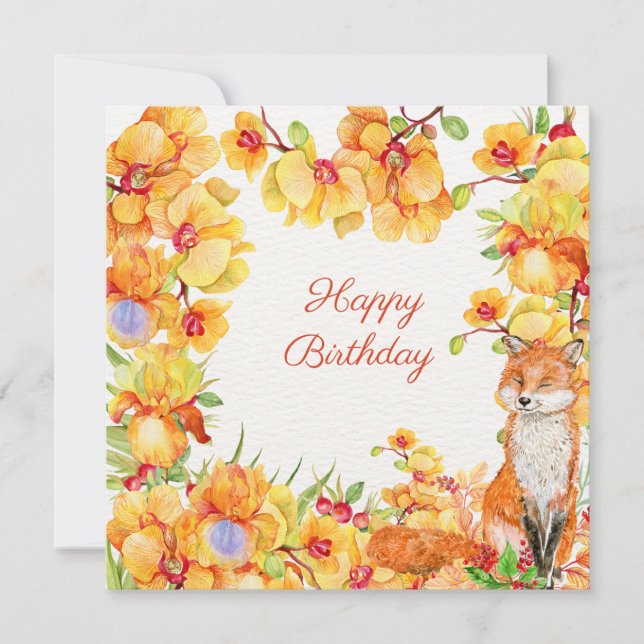 Happy Birthday Yellow Orchid Flowers and Fox  (Front)