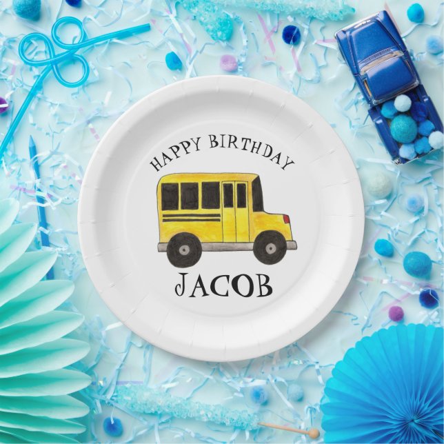 Happy Birthday Yellow School Bus Teacher Education Paper Plate (Party)