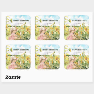 Happy Birthday Yellow Sunflowers Vintage Girl  Square Sticker