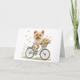 Happy Birthday Yorkie Dog Biking Spring Flowers Card