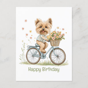 Happy Birthday Yorkie Dog Biking Spring Flowers Postcard