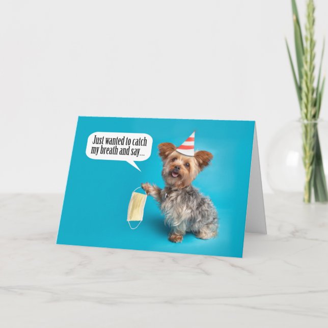 Happy Birthday Yorkie Dog With Face Mask Card (Front)