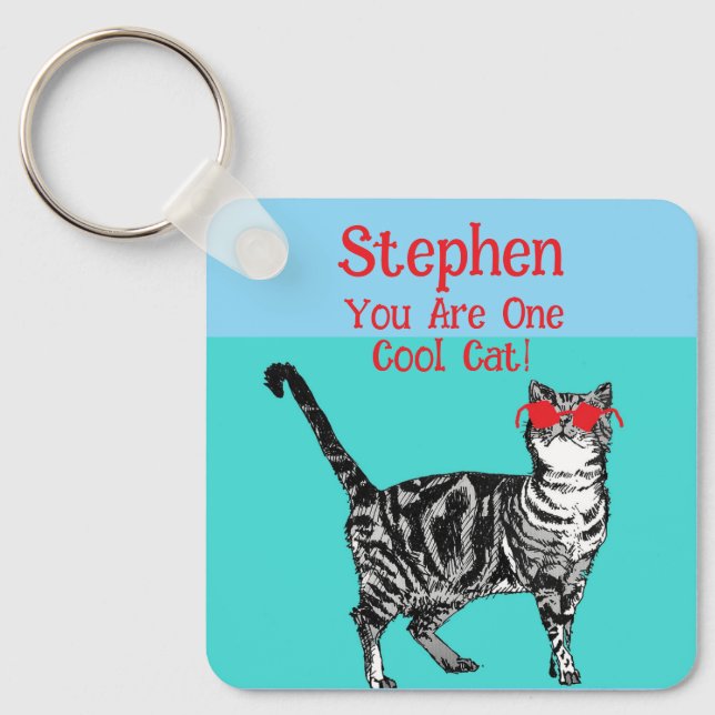 Happy Birthday You Cool Tabby Cat Mens Husband Key Ring (Front)