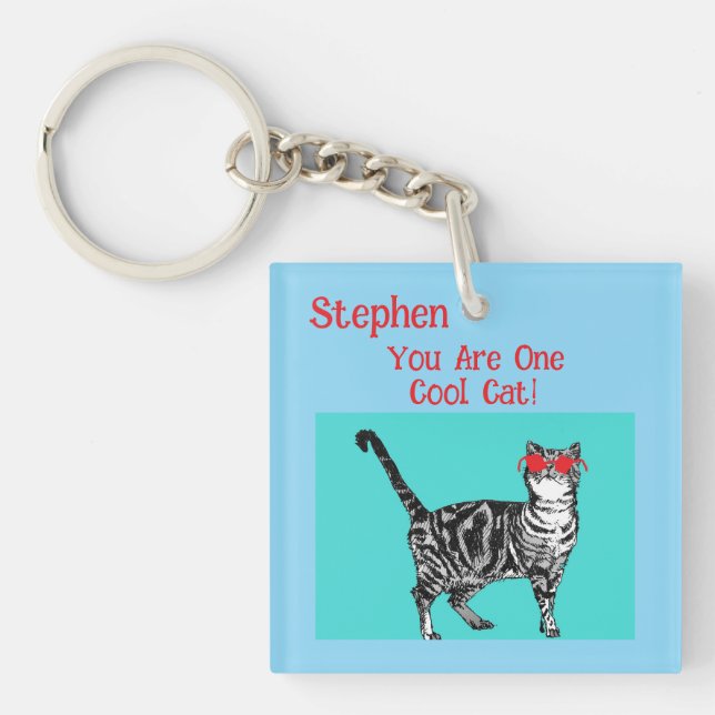Happy Birthday You Cool Tabby Cat Mens Husband Key Ring (Front)