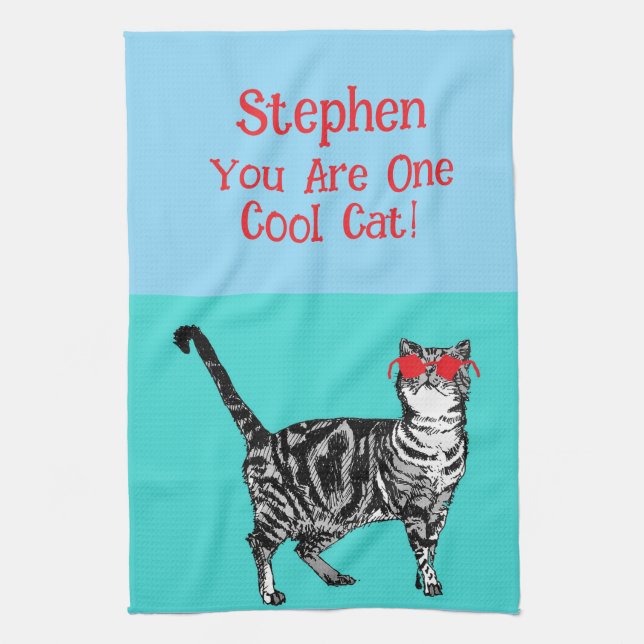 Happy Birthday You Cool Tabby Cat Mens Husband Tea Towel (Vertical)