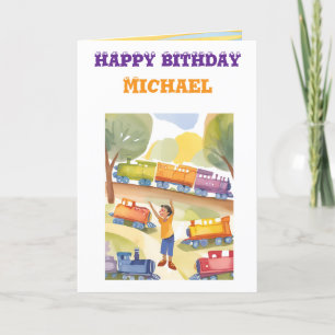 Happy birthday young boy toy trains colour page thank you card