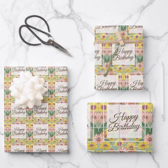 Happy Birthday Zinnia Flowers Wrapping Paper Sheet (Front)