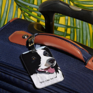 Happy Black and White Digital Art Border Collie Luggage Tag