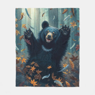 Happy Black Bear Tossing Leaves Fleece Blanket