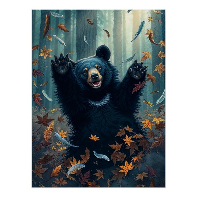 Happy Black Bear Tossing Leaves Poster (Front)