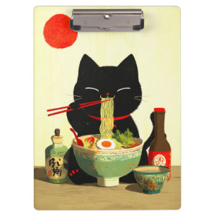 Happy Black Cat Eating Ramen Japanese Ukiyo-e Clipboard