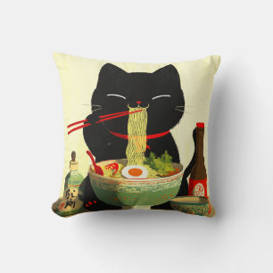 Happy Black Cat Eating Ramen   Japanese Ukiyo-e Cushion