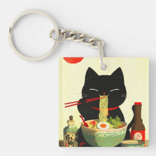 Happy Black Cat Eating Ramen Japanese Ukiyo-e Key Ring