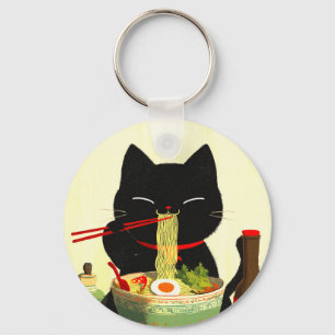 Happy Black Cat Eating Ramen Japanese Ukiyo-e Key Ring