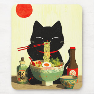 Happy Black Cat Eating Ramen   Japanese Ukiyo-e Mouse Pad