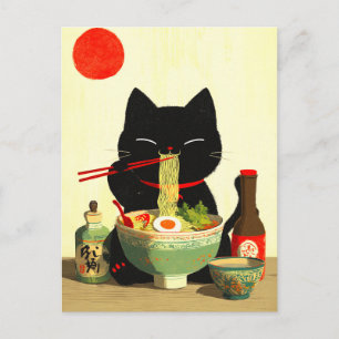 Happy Black Cat Eating Ramen Japanese Ukiyo-e Postcard
