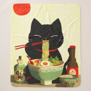 Happy Black Cat Eating Ramen Japanese Ukiyo-e Sherpa Blanket