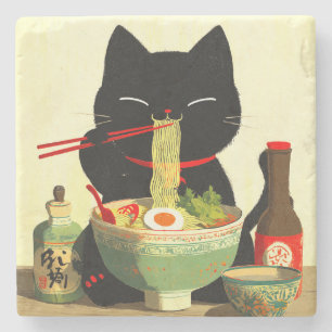 Happy Black Cat Eating Ramen Japanese Ukiyo-e Stone Coaster