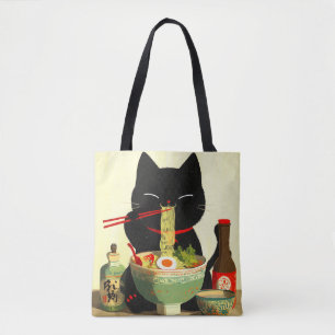 Happy Black Cat Eating Ramen Japanese Ukiyo-e Tote Bag