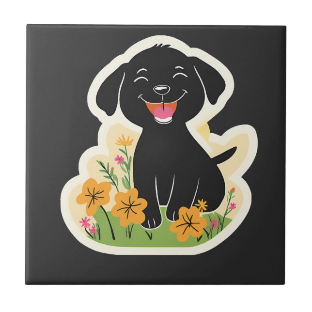 Happy Black Puppy in Wildflowers Ceramic Tile (Front)