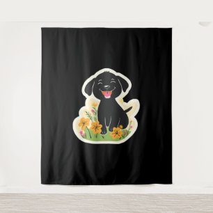 Happy Black Puppy in Wildflowers Tapestry