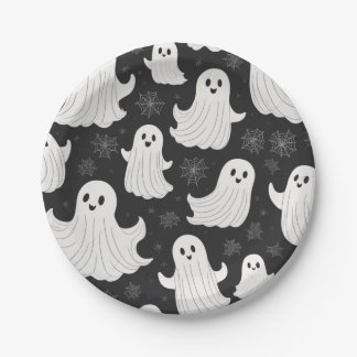 Happy Black & White Halloween Ghost Paper Plate