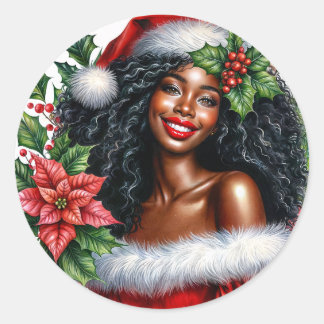 Happy Black Woman Christmas Classic Round Sticker