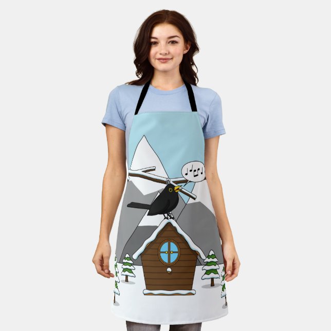 Happy Blackbird Singing in Winter Landscape Apron (Worn)