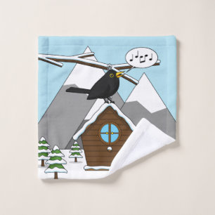 Happy Blackbird Singing in Winter Landscape Bath Towel Set