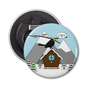 Happy Blackbird Singing in Winter Landscape Bottle Opener