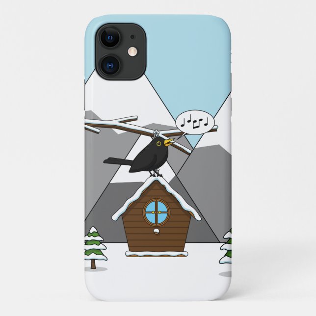 Happy Blackbird Singing in Winter Landscape Case-Mate iPhone Case (Back)