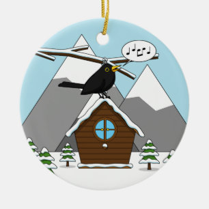 Happy Blackbird Singing in Winter Landscape Ceramic Ornament