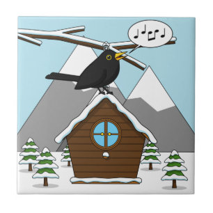 Happy Blackbird Singing in Winter Landscape Ceramic Tile