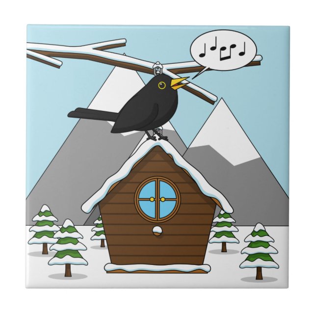 Happy Blackbird Singing in Winter Landscape Ceramic Tile (Front)