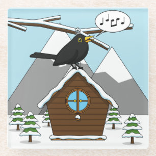Happy Blackbird Singing in Winter Landscape Glass Coaster
