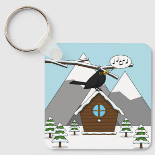Happy Blackbird Singing in Winter Landscape Key Ring
